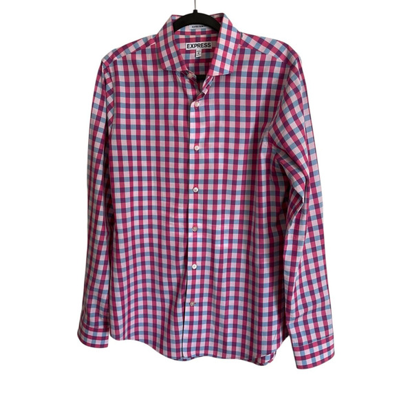 Express Extra Slim Fit Gingham Check Button Up Shirt M Pink Blue White - Picture 1 of 9